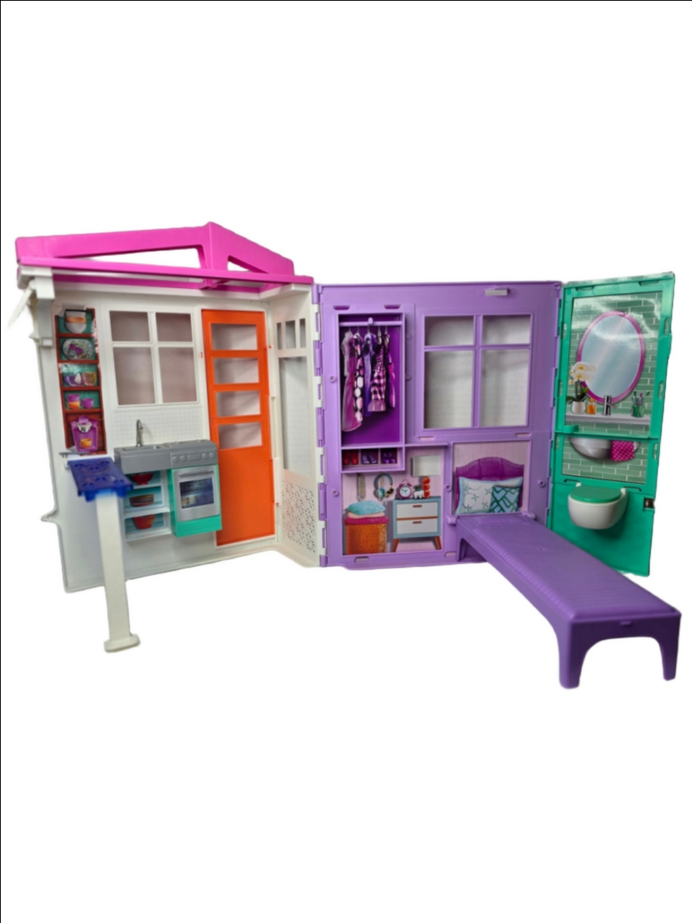 Barbie Getaway House Portable Folding Dollhouse Kitchen Bedroom Bathroom Playset